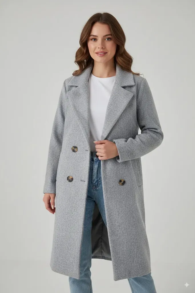Grey Solid Lapel Collar Coat - Image 1