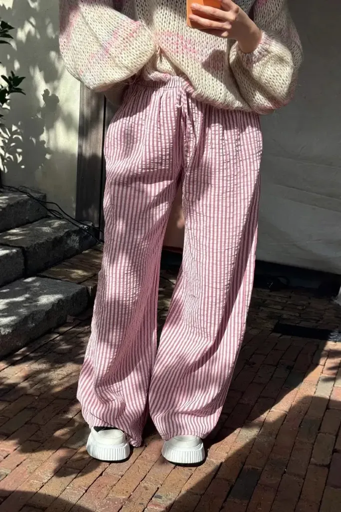 Pink Striped Mid Rise Pants - Image 1
