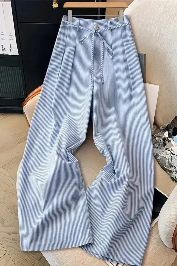 Blue Striped Wide-Leg Tie-Up Pants - Image 1