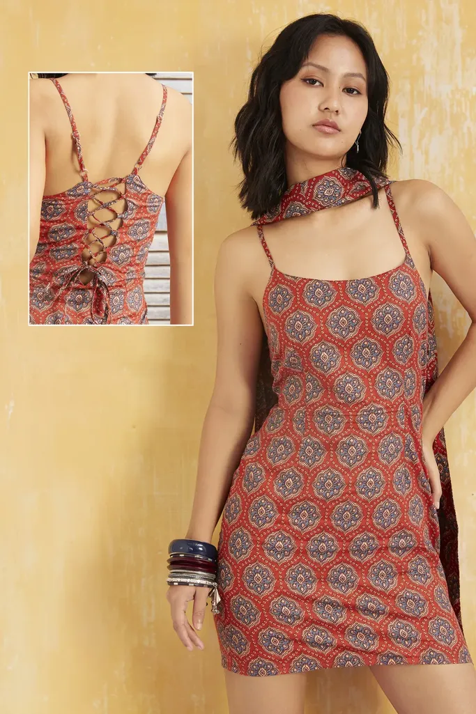 Red Ethnic Print Mini Dress With Scarf - Image 1