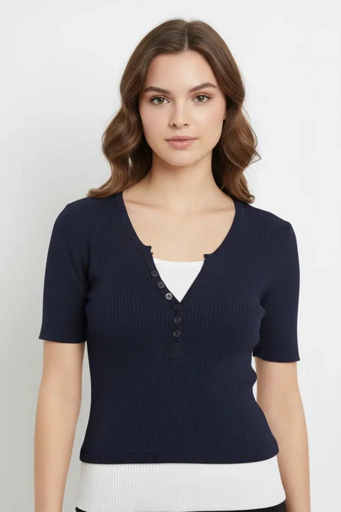 Black Solid V-Neck Top - Image 1