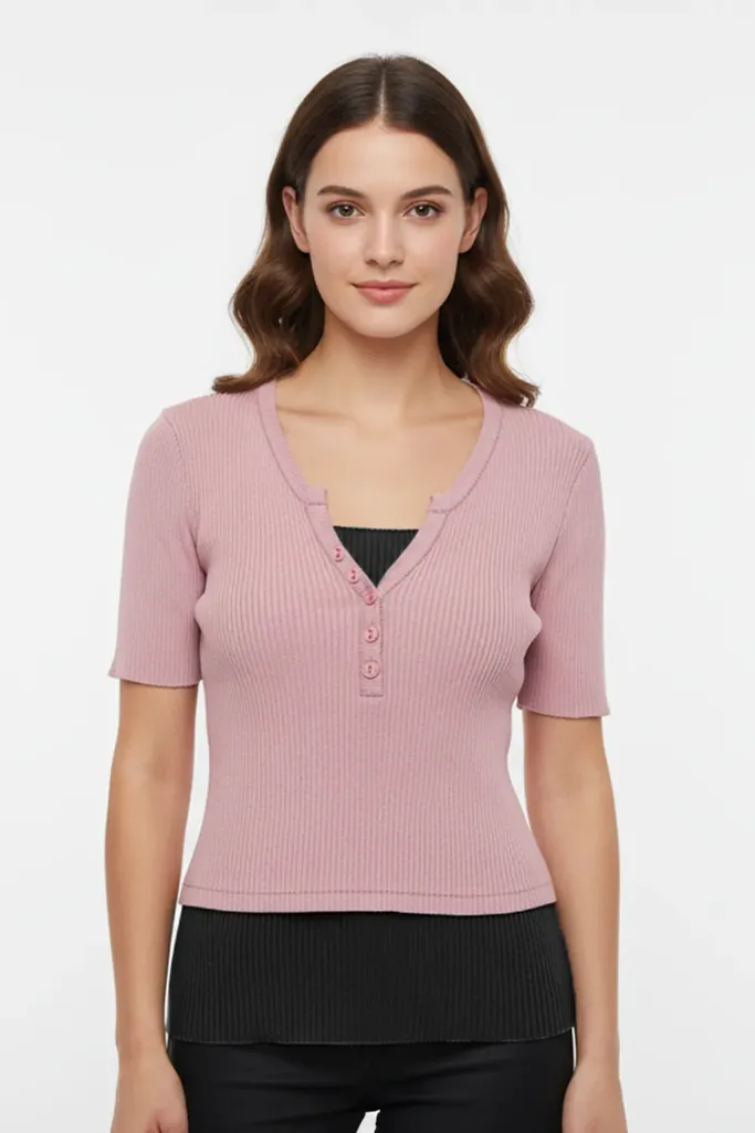 Light Pink Solid V-Neck Top - Image 1