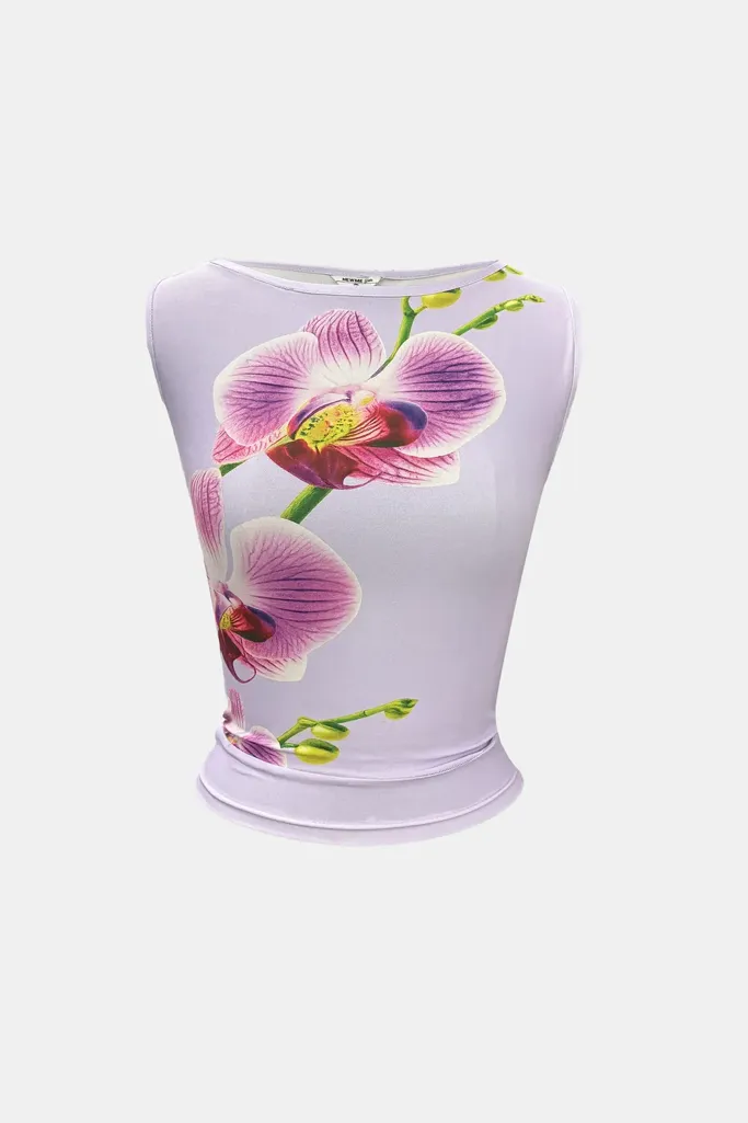 Lavender Floral Mock Neck Fitted Top - Image 1