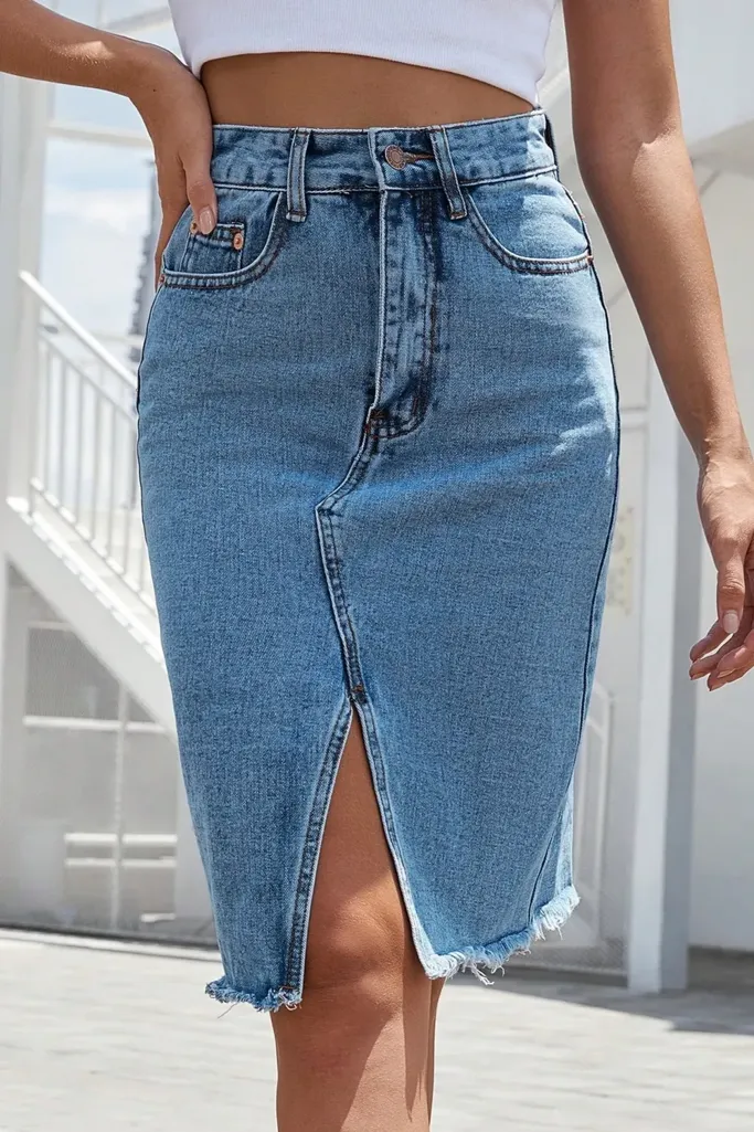 Sky Blue High Rise Slit Denim Skirt - Image 1