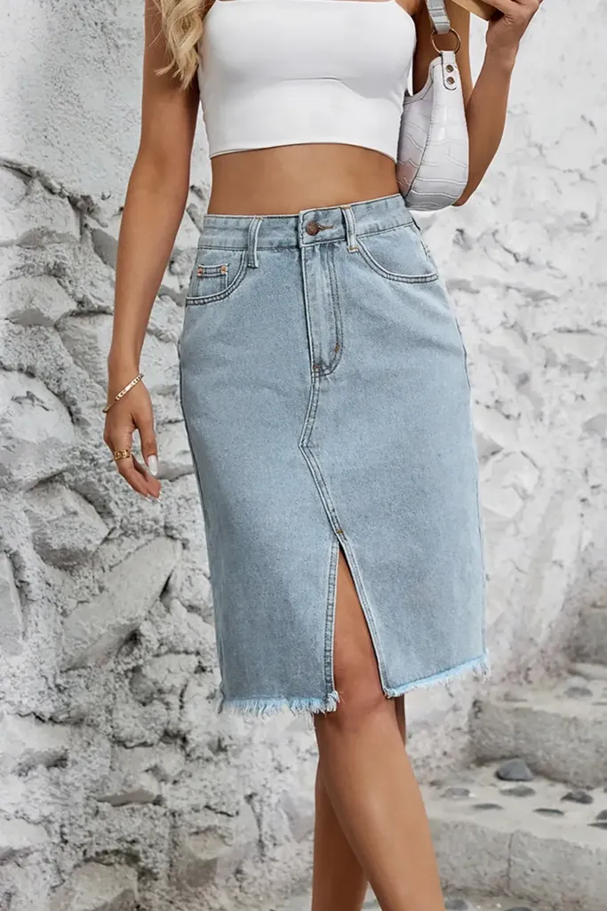 Light Blue High Rise Slit Denim Skirt - Image 1