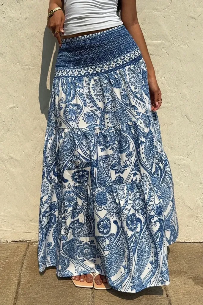 Blue Paisley Tiered Maxi Skirt - Image 1