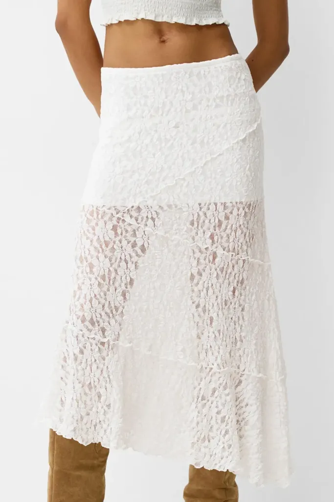 White Semi-Sheer Lace Midi Skirt - Image 1