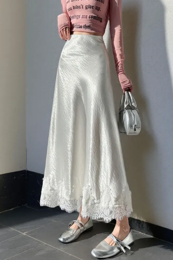 White Solid Lace Insert Maxi Skirt - Image 1