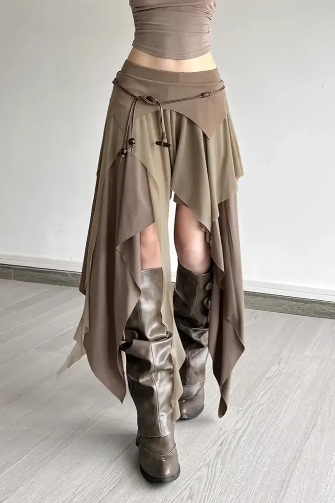 Khaki Draped Ruffled Midi Skirt - Image 1
