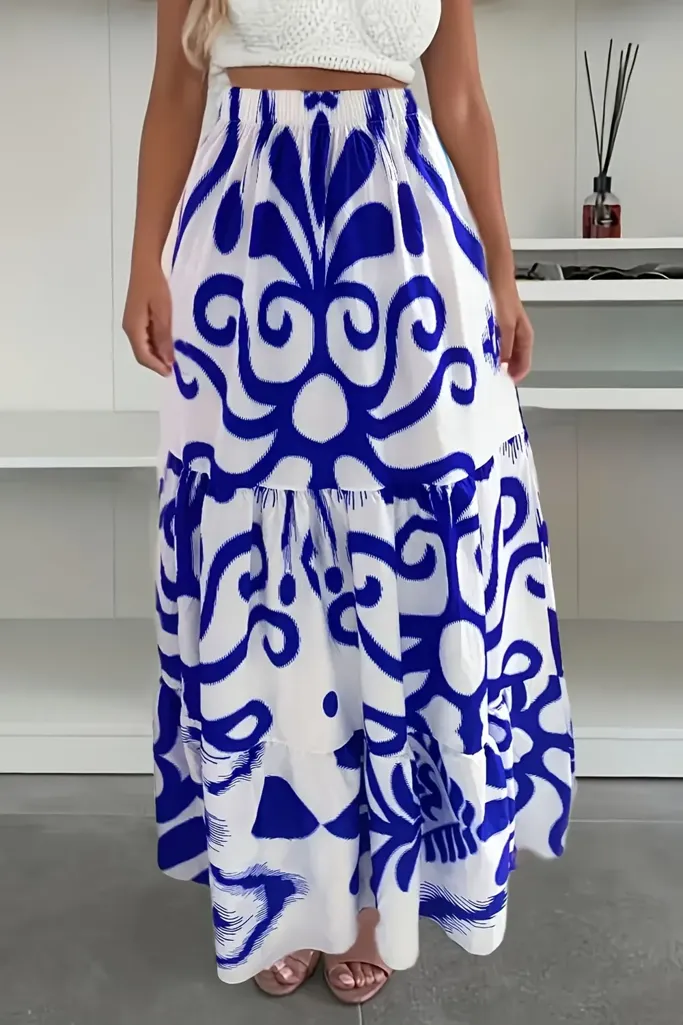 Blue High Rise Abstract Maxi Skirt - Image 1