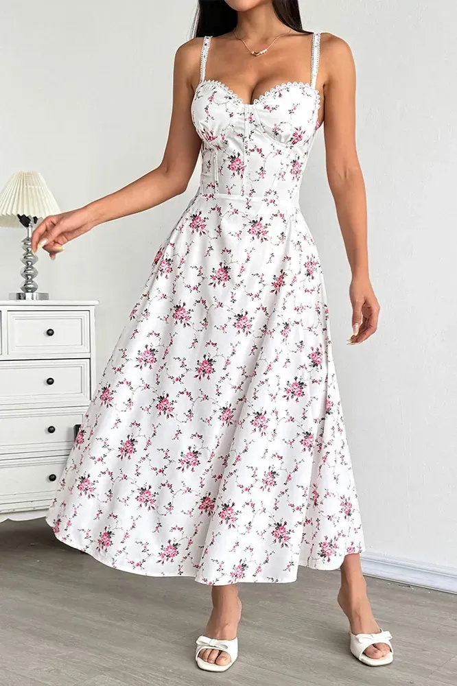 White Sweetheart Floral Corset Midi Dress