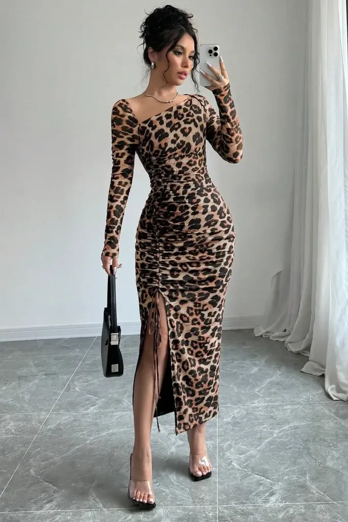 Leopard Print Ruched Bodycon Midi Dress - Image 1