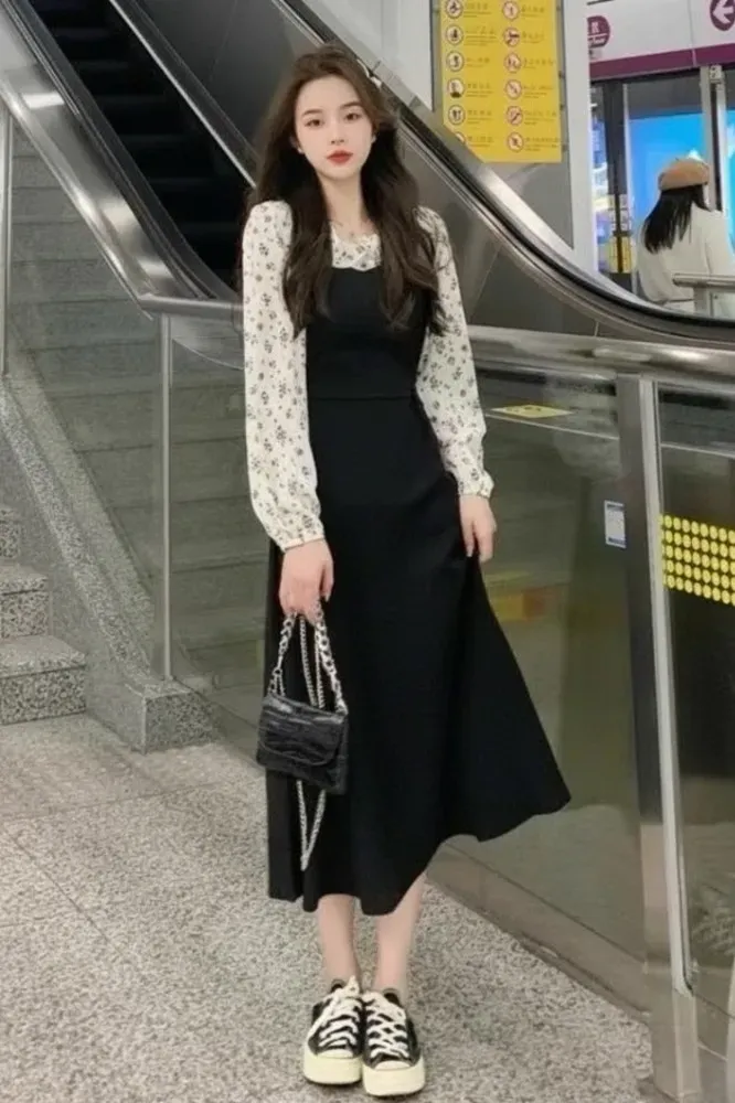 Black Floral Peter Pan Collar Midi Dress