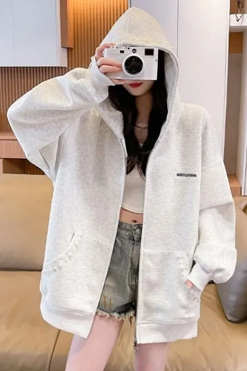 Light Grey Pearl Hood Neck Sweatshirt - Image 1