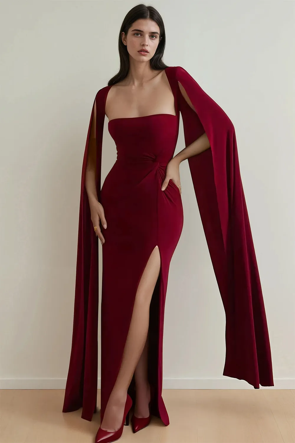 burgundy dress with cape Women's Autumn Cape Sleeve Maxi Dress Burgundy XS/S/M/L/XL/XXL/Customize MEAN BLVD Burgundy / XXL