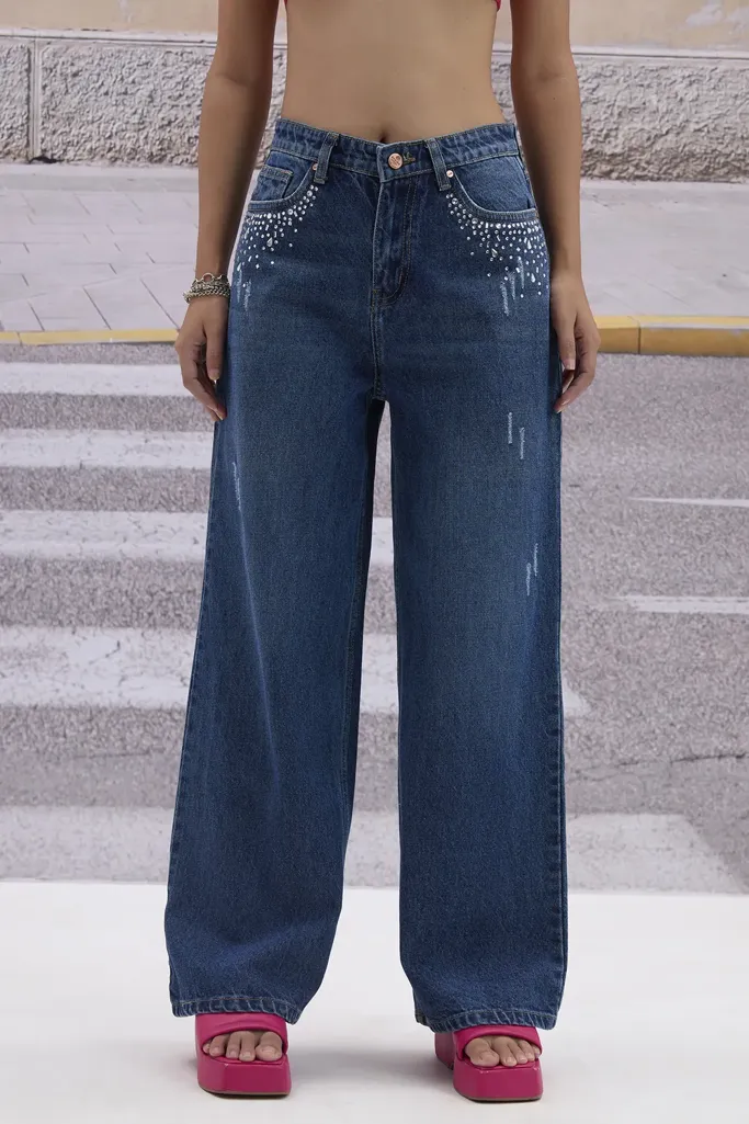 Blue Solid Mid Rise Straight Jeans - Image 1