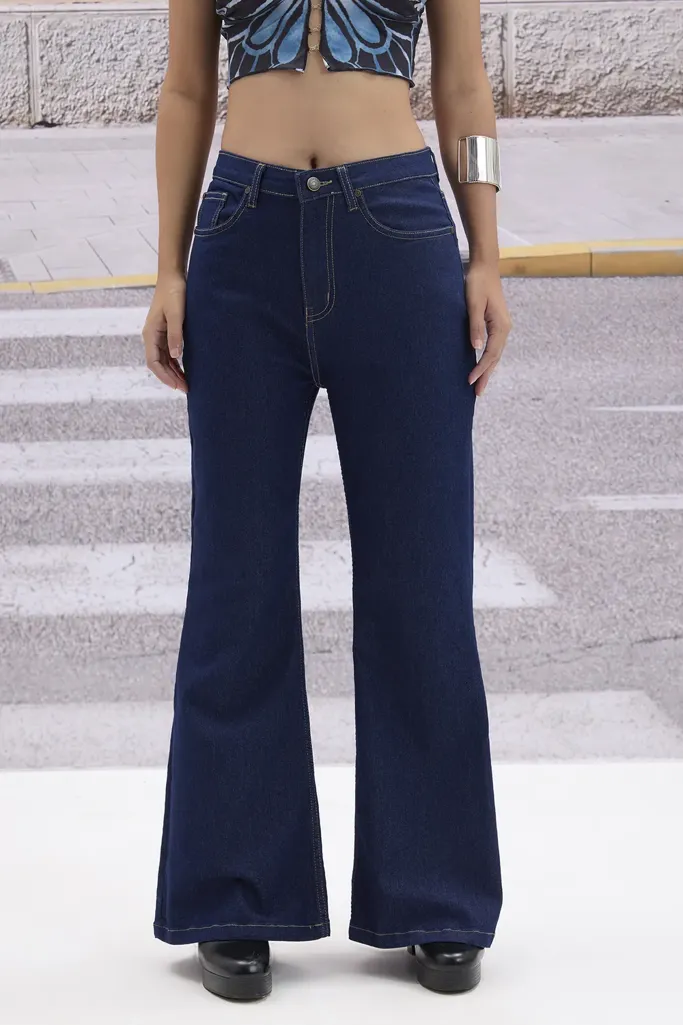 Blue Solid Mid Rise Boocut Jeans - Image 1