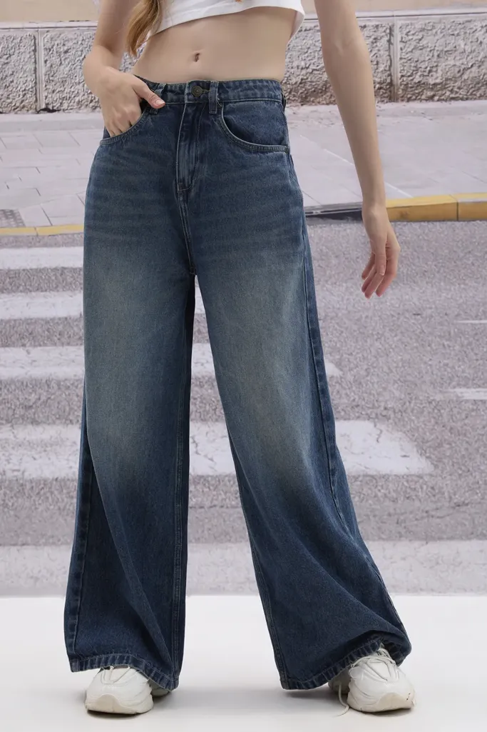 Blue Solid Mid Rise Wide Leg Jeans - Image 1