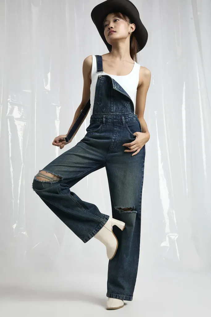 Grey Blue Solid Ripped Denim Dungaree - Image 1