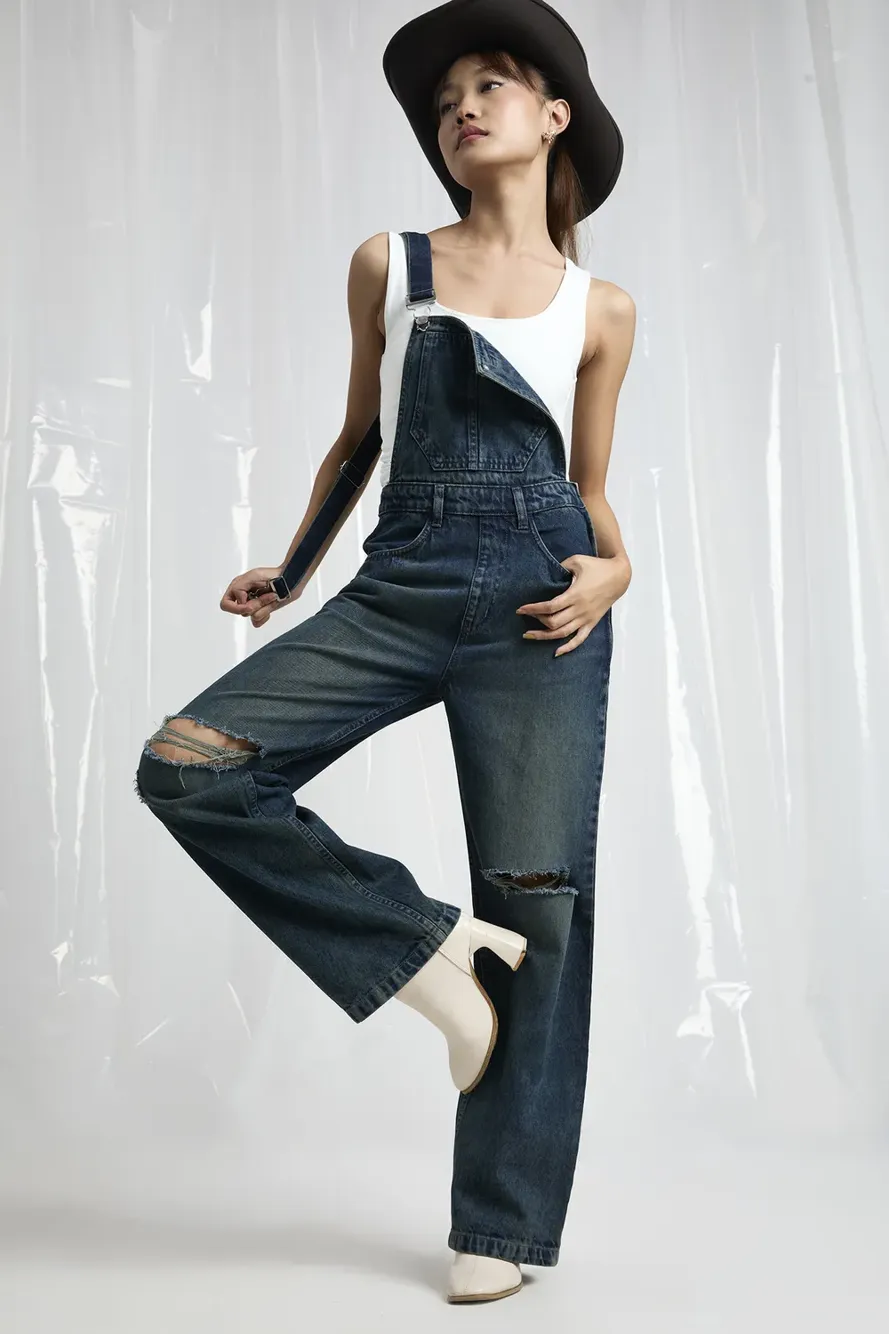 DENIM DUNGAREE まとめ売り Grey Blue Solid Ripped Denim Dungaree - NEWME