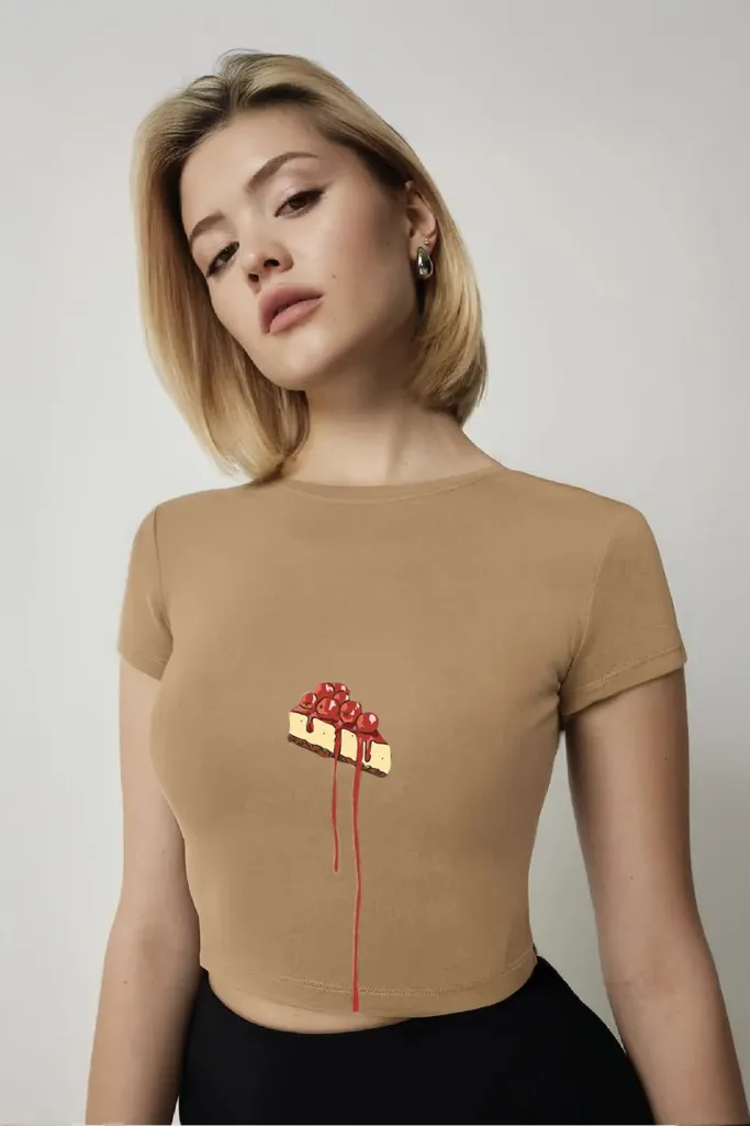 Light Brown Graphic Crew Neck Crop T-Shirt - Image 1