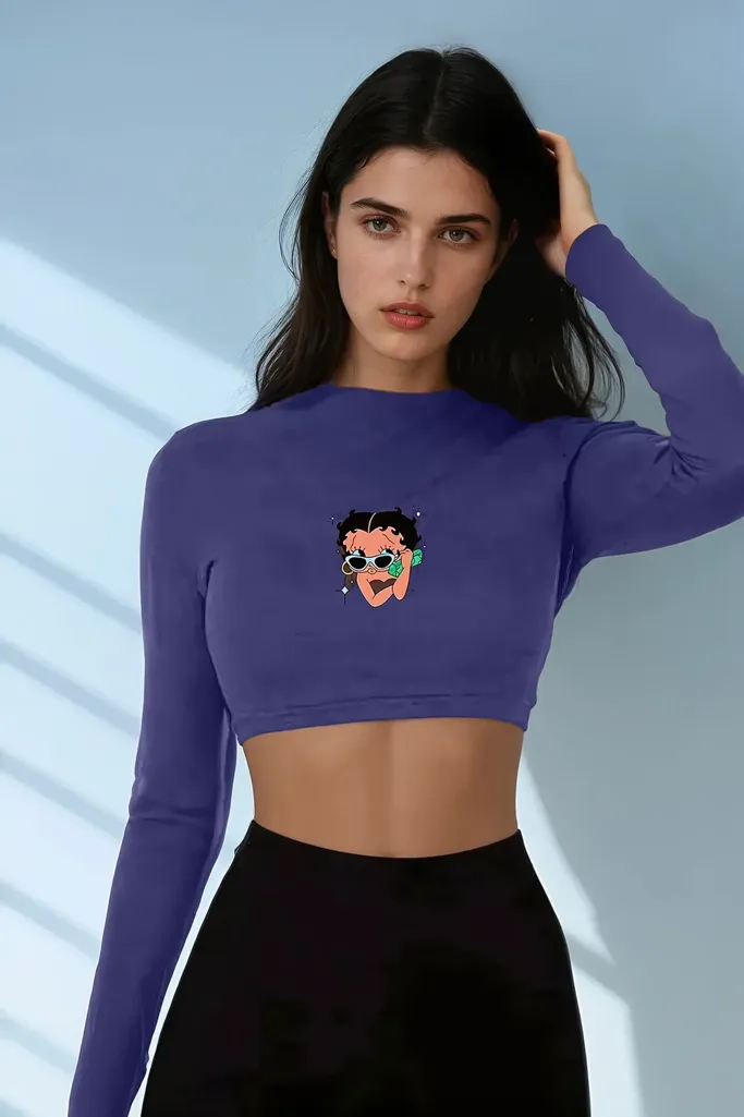 Navy Blue Graphic Crew Neck Crop T-Shirt - Image 1