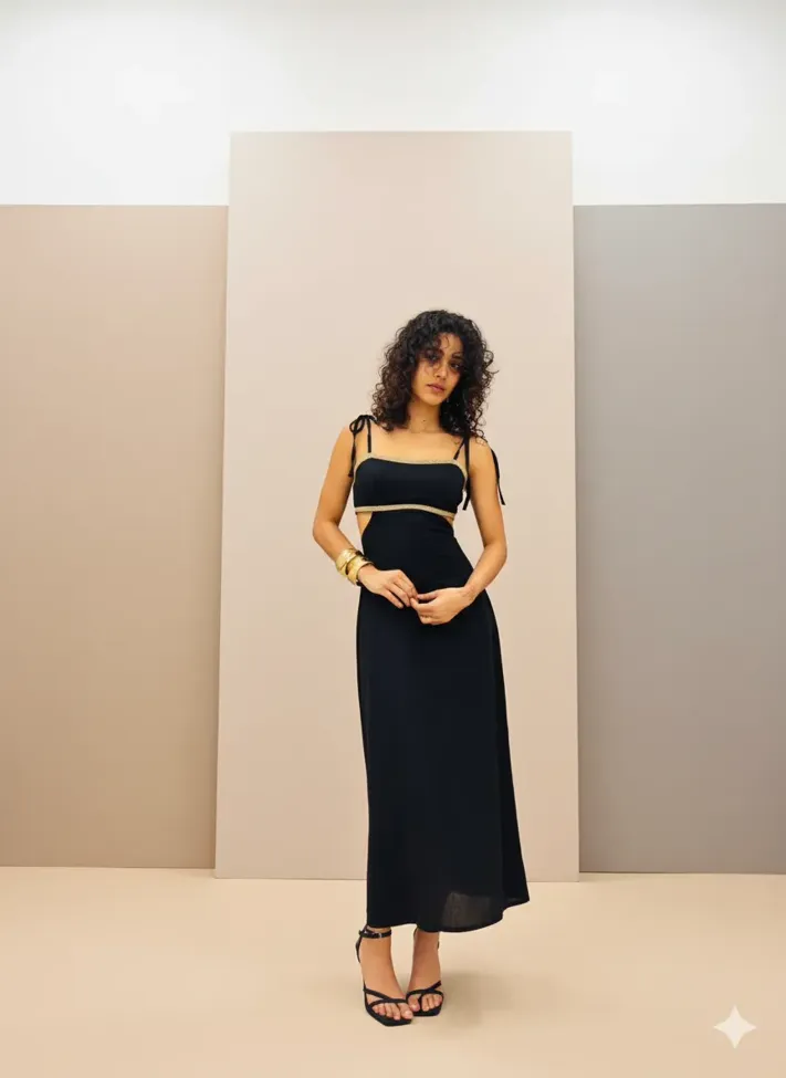 Black Square Neck Tie-Up Maxi Dress - Image 1