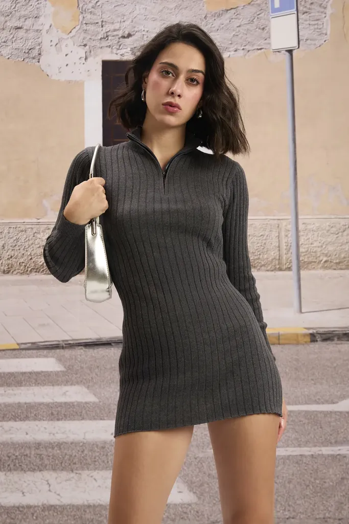 Dark Grey Solid Zip Collar Neck Mini Dress - Image 1