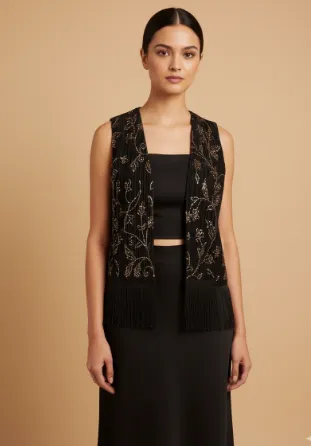 Black V-Neck Open Front Vest - Image 1