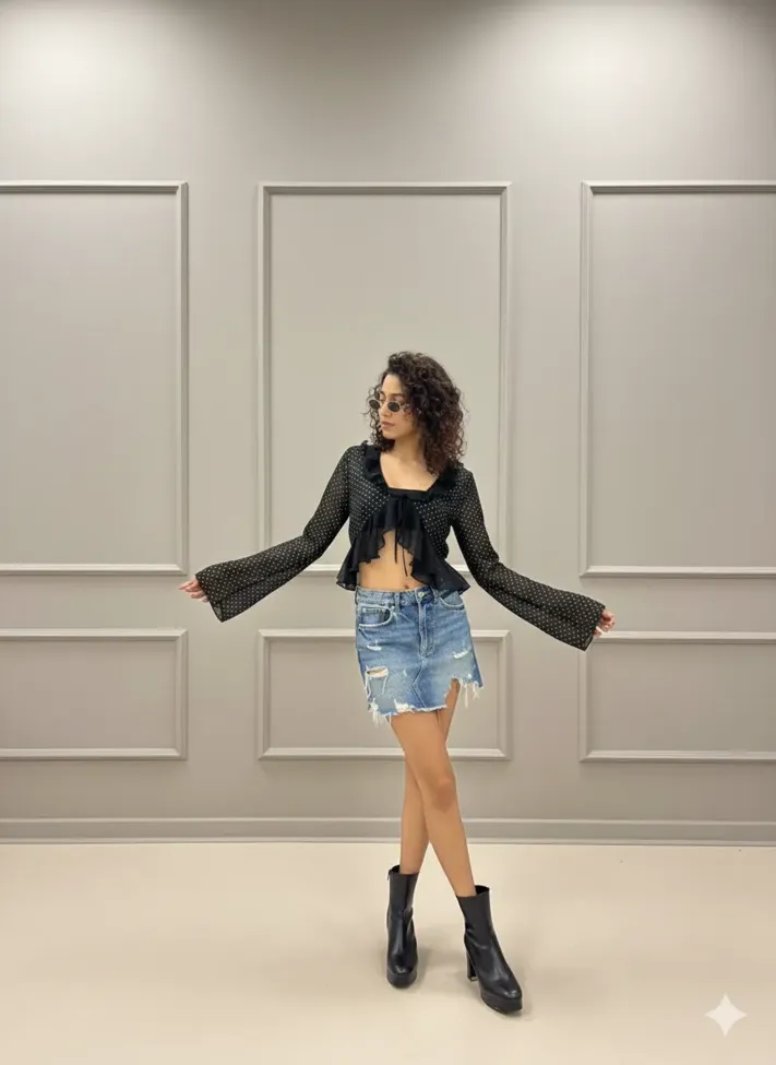 Black V-Neck Tie-Up Crop Top - Image 1