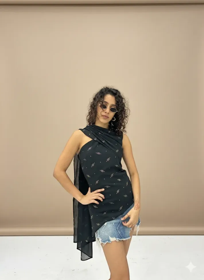 Black Asymmetric Neck Top - Image 1