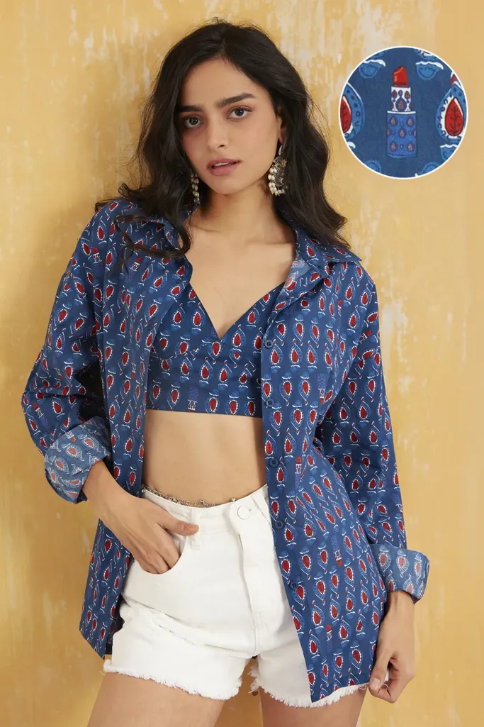 Blue Ethnic Print Shirt With Bralette Top - Image 1