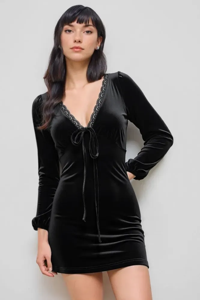 Black Tie-Up V-Neck Mini Dress - Image 1