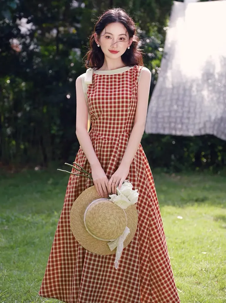 Red Gingham Flare Maxi Dress - Image 1