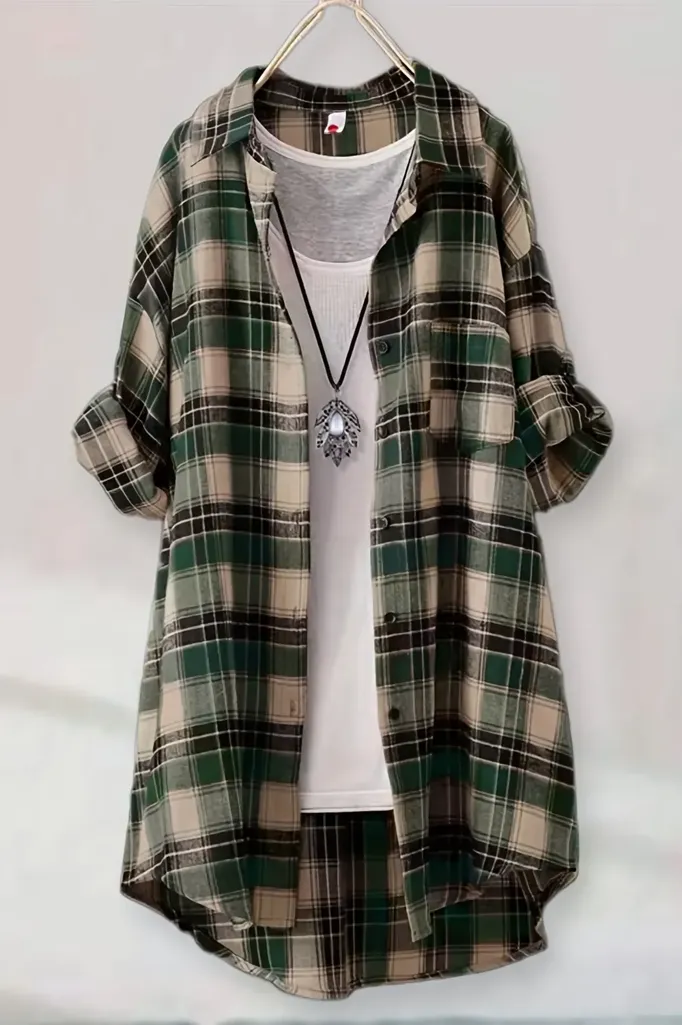 Green Plaid Oversized Button Down Shirt - Image 1