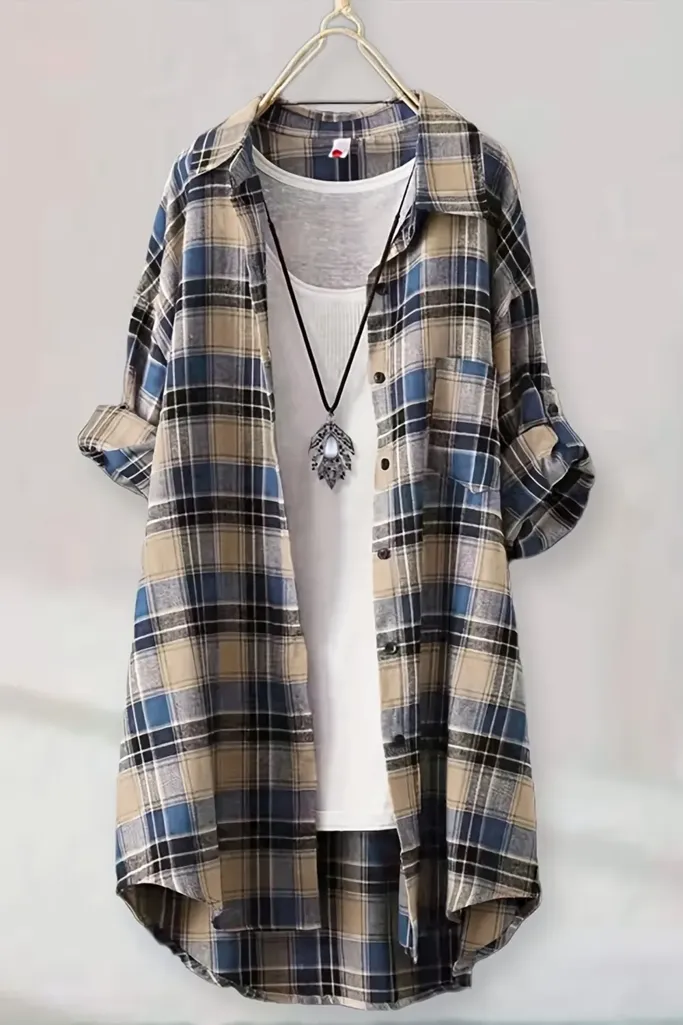 Blue Plaid Oversized Button Down Shirt - Image 1