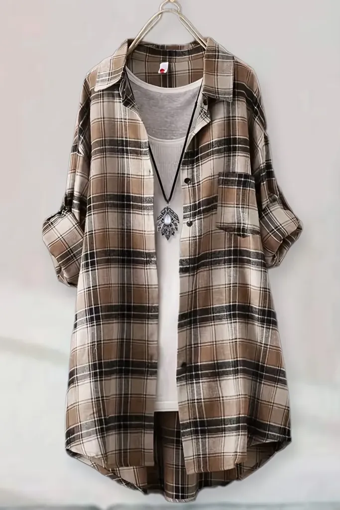 Light Brown Plaid Oversized Button Down Shirt - Image 1
