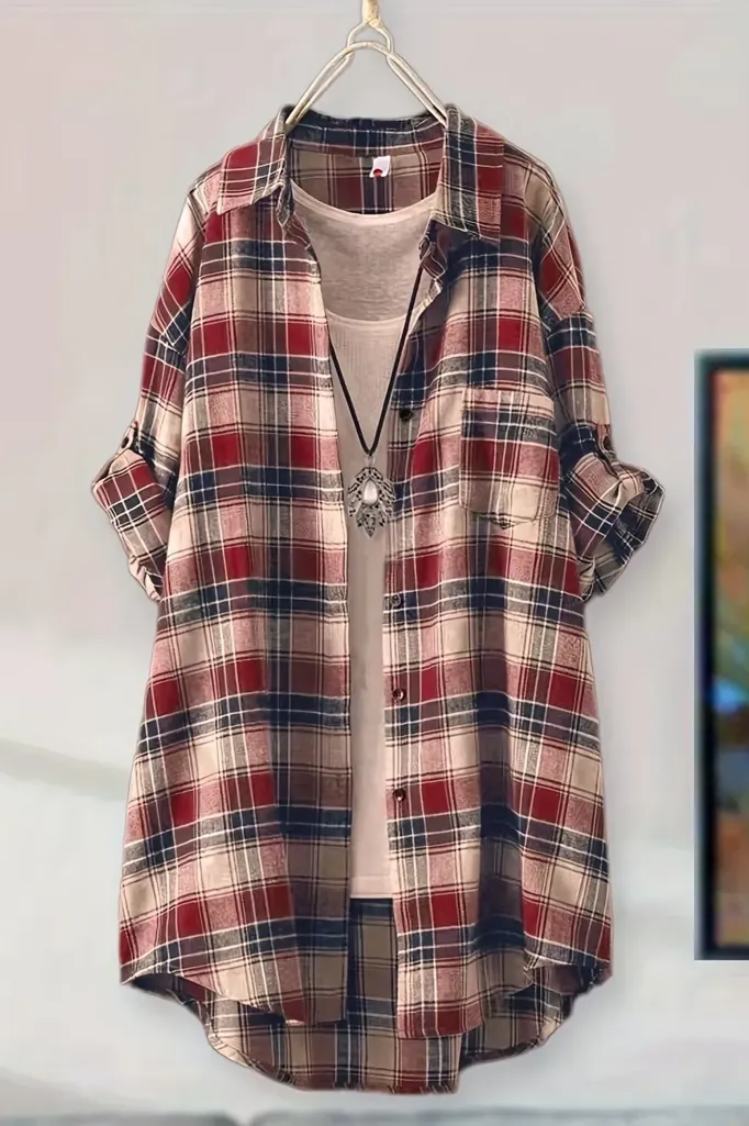 Red Plaid Oversized Button Down Shirt - Image 1