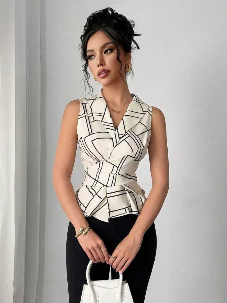 White Geometric Fitted Tie-Up Top - Image 1