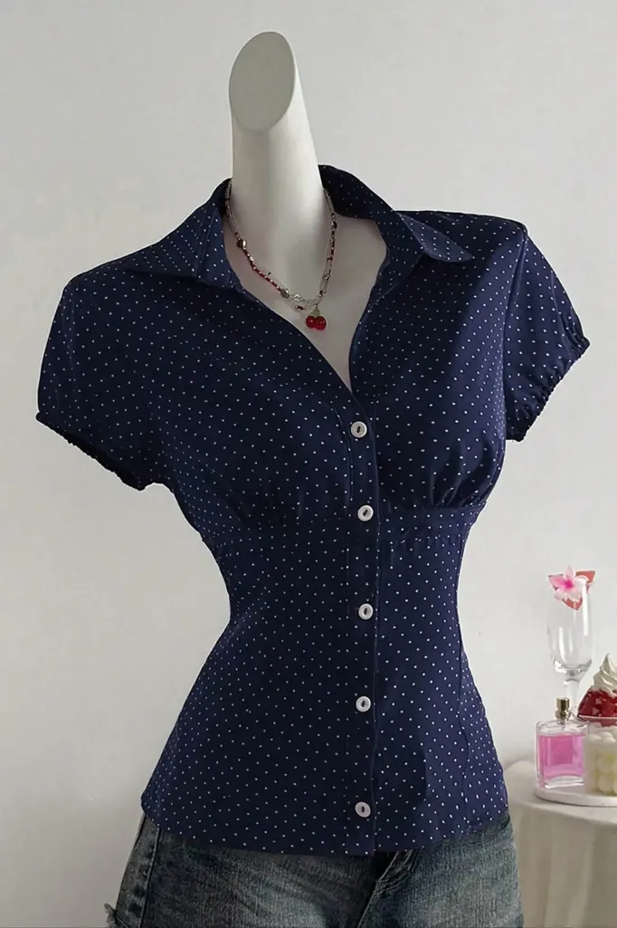 Navy Blue Polka Dot Fitted Shirt - Image 1
