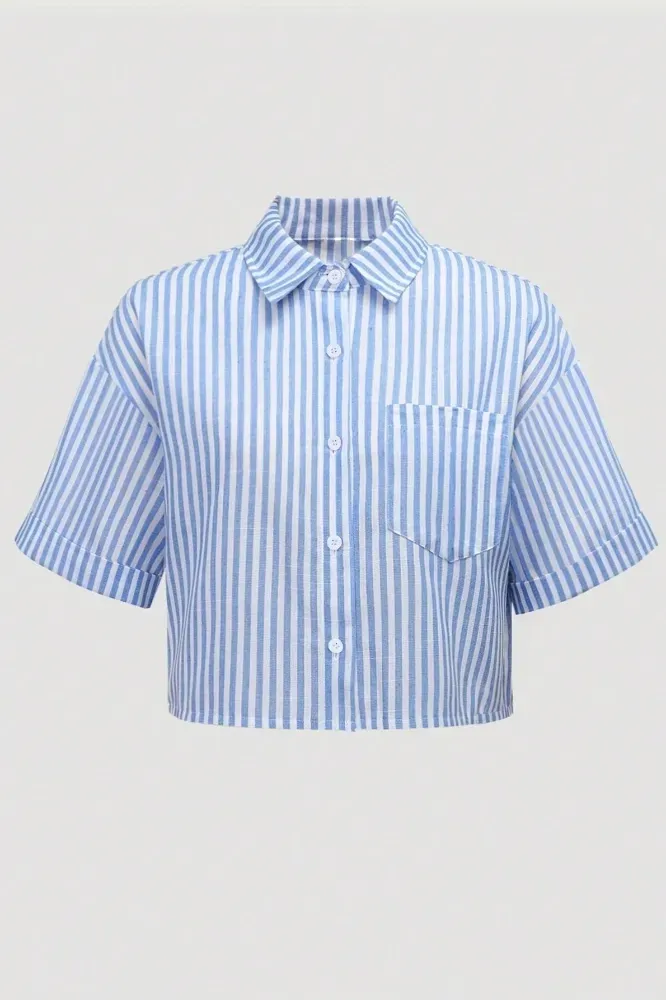 Blue Striped Crop Button Down Shirt - Image 1