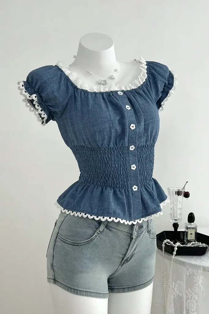 Blue Smocked Square Neck Fitted Top - Image 1