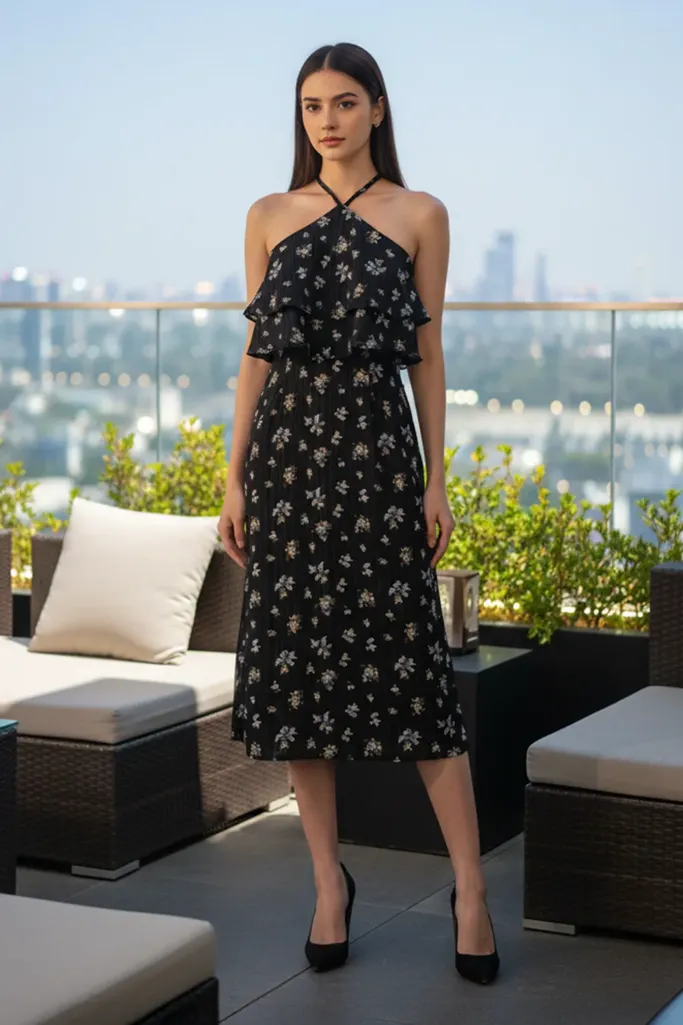 Black Ditsy Halter Neck Midi Dress - Image 1