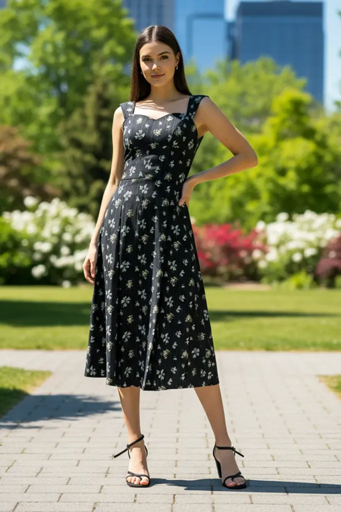 Black Ditsy Semi-Sweetheart Midi Dress - Image 1