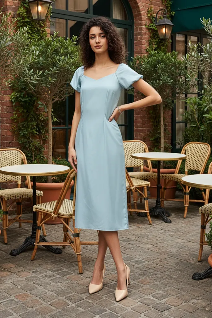 Light Blue Solid Round Neck Midi Dress - Image 1