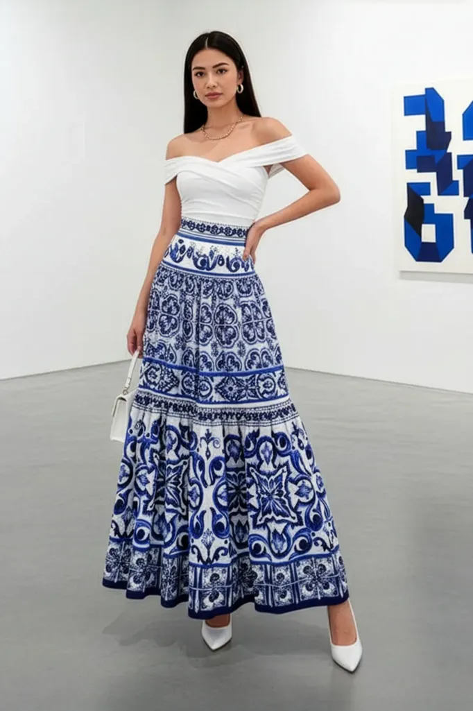 High Rise Geometric Maxi Skirt - Image 1