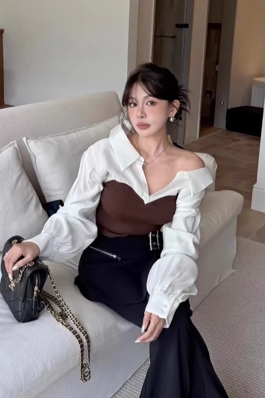 Dark Brown Off Shoulder Fitted Top - Image 1