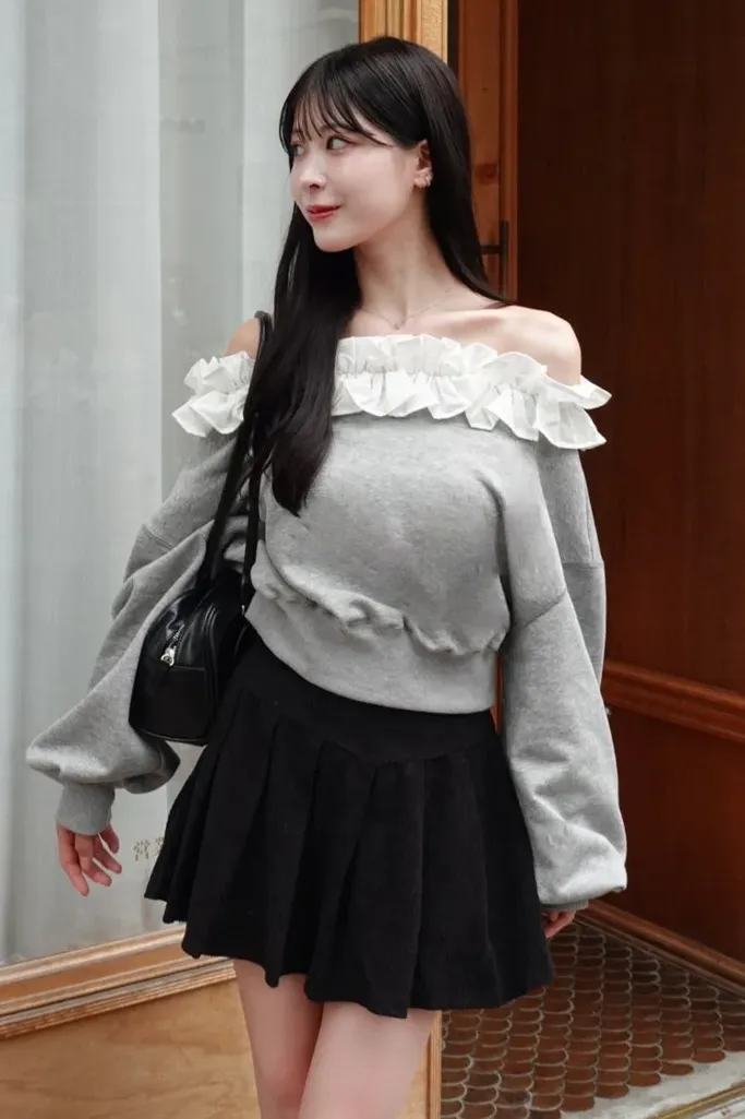 Light Grey Ruffled Off Shoulder Sweatshirt - Image 1