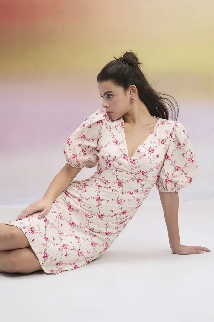 Off White Floral V-Neck Midi Dress - Image 1