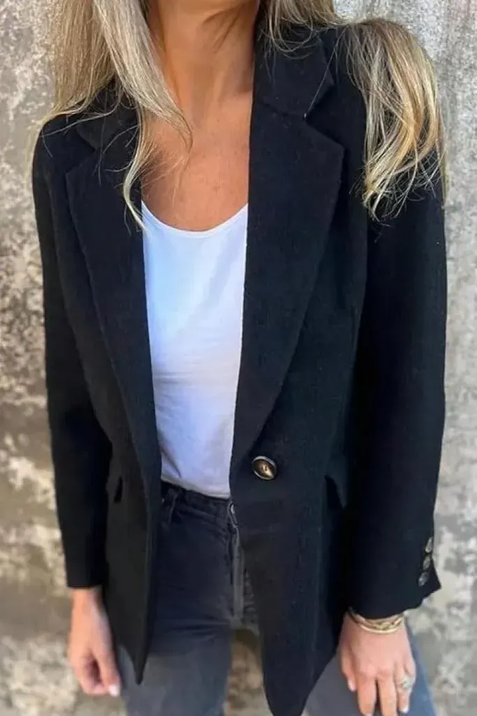 Black Solid Lapel Collar Blazer - Image 1